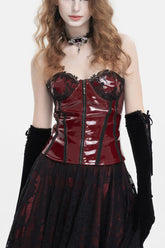 Corset Overbust Punk en Cuir Verni avec Dentelle Rouge pour Femmes